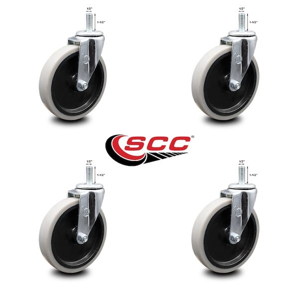 5 Inch Thermoplastic Rubber Wheel 1/2 Inch Threaded Stem Caster SCC, 4PK